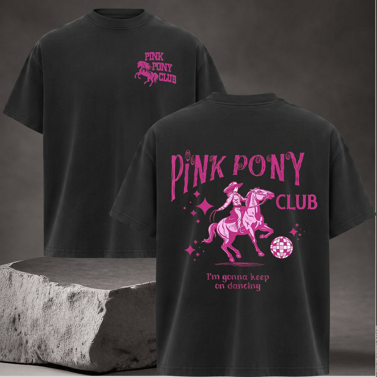 Retro Pink Pony Club Printed Round Neck Graphic Tee Shirt