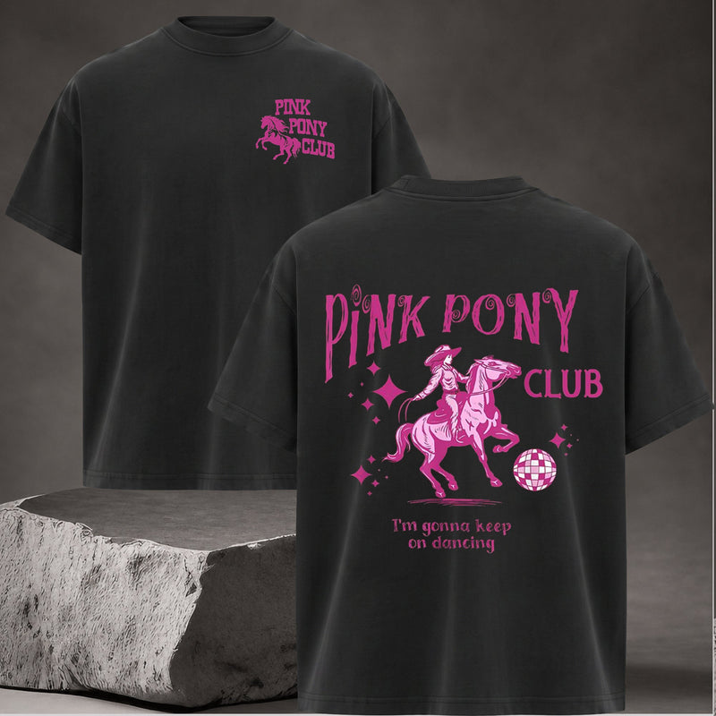 Retro Pink Pony Club Printed Round Neck Graphic Tee Shirt